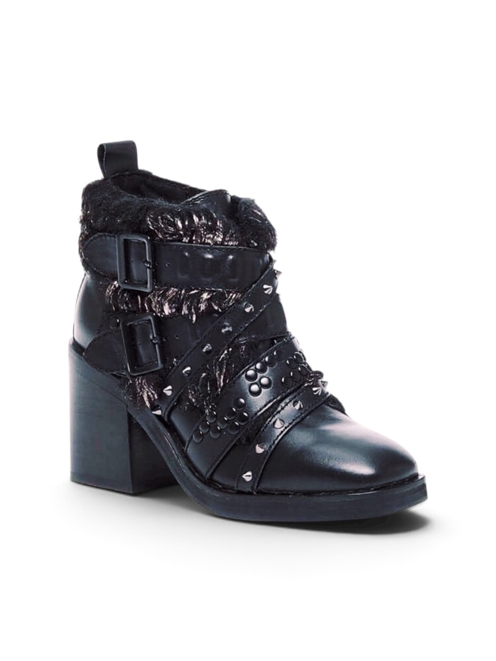 NEW Kelsi Dagger Black Leather Studded Metallic Faux Fur Ankle Boot Women Size 6